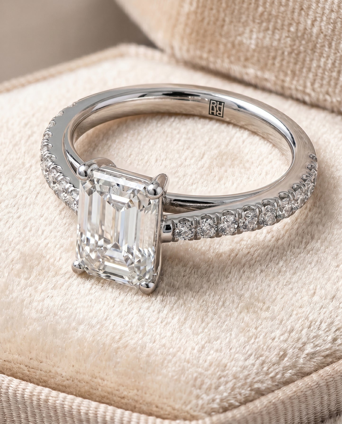 The Donna Cathedral Engagement Ring Setting for Emerald Cut Diamonds in 18K White Gold
