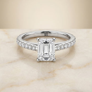 The Donna Cathedral French Pavé Solitaire Emerald Cut Engagement Ring Setting in Platinum