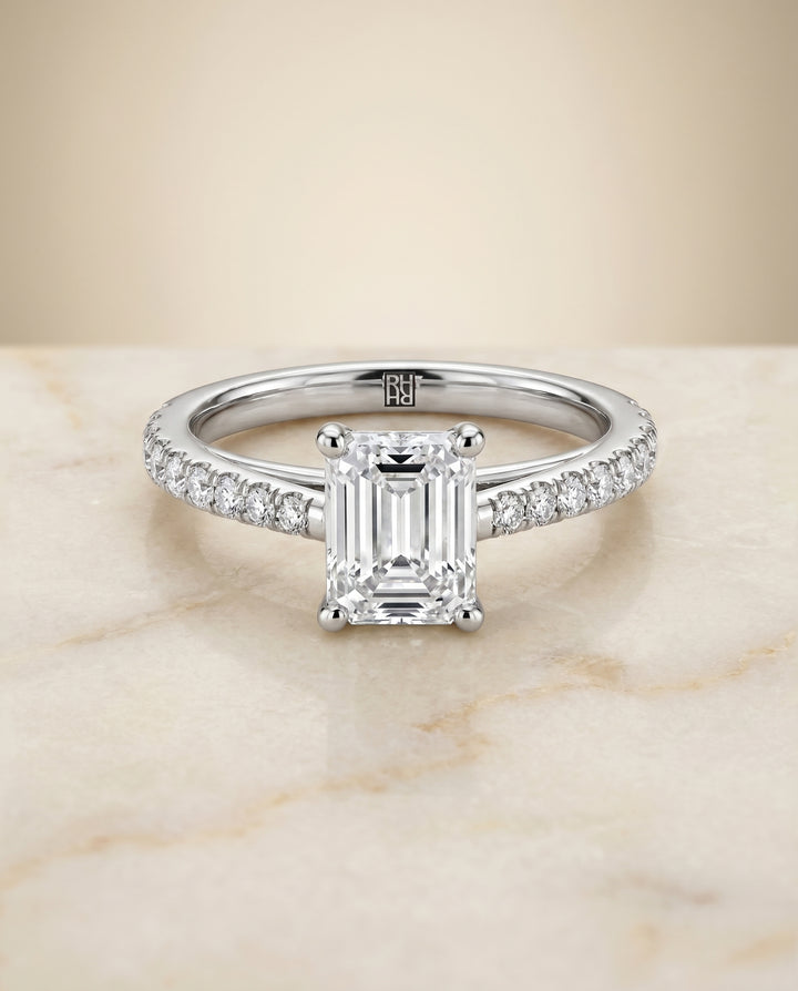 The Donna Cathedral French Pavé Solitaire Emerald Cut Engagement Ring Setting in Platinum