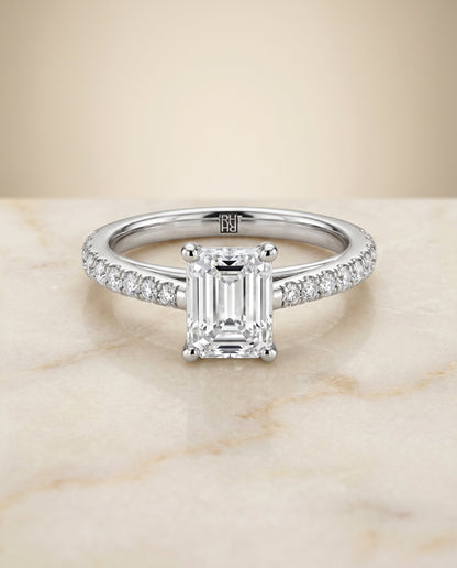Donna Select Cathedral Emerald Cut Lab Diamond Engagement Ring in Platinum, shown on hand, angled | RockHer