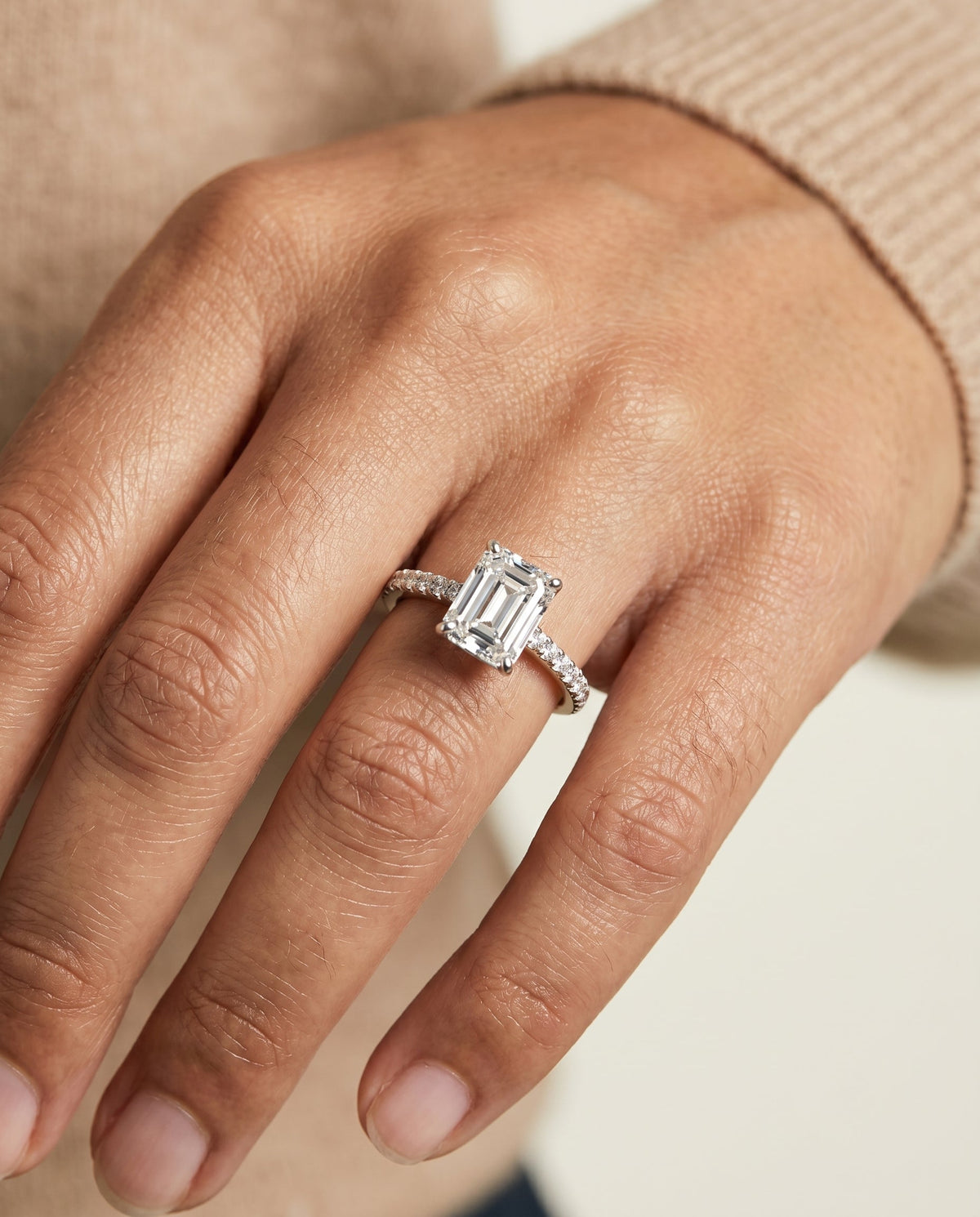 Donna Select Cathedral Emerald Cut Lab Diamond Engagement Ring in 18K White Gold, shown on hand | RockHer
