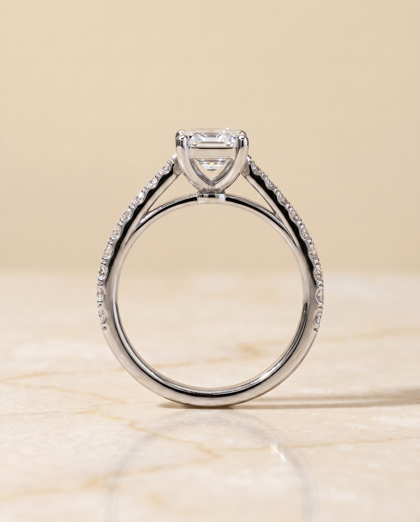 The Donna Cathedral Engagement Ring Setting for Emerald Cut Diamonds in 18K White Gold
