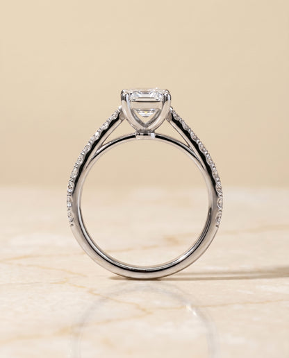 The Donna Cathedral French Pavé Solitaire Emerald Cut Engagement Ring Setting in Platinum