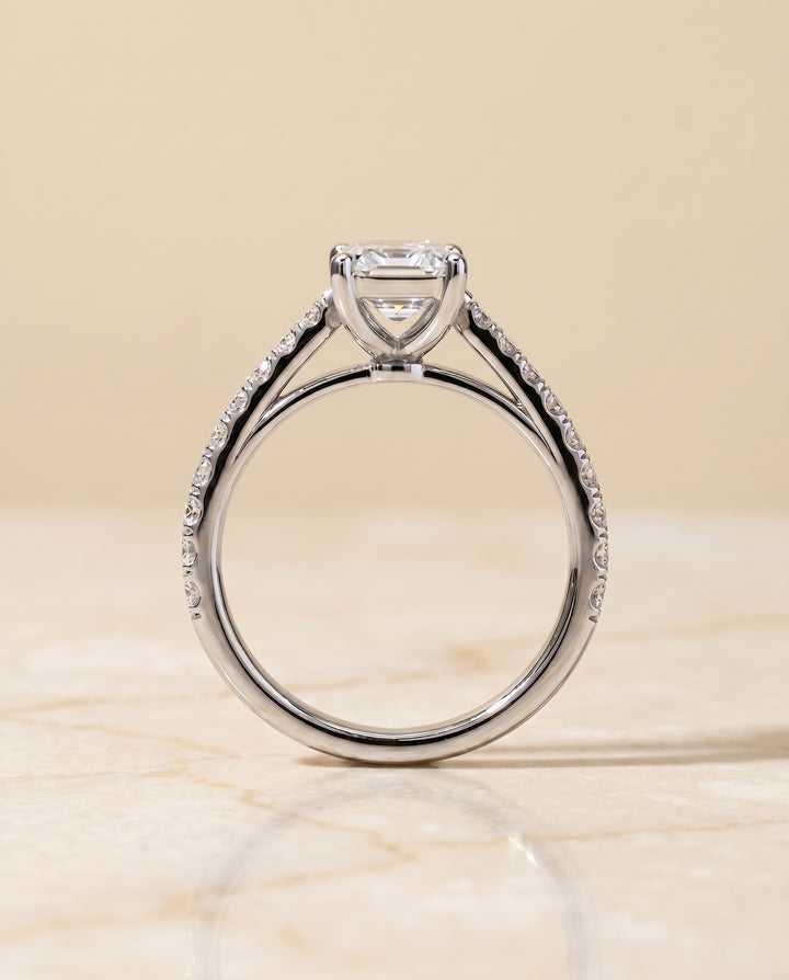 The Donna Cathedral Engagement Ring Setting for Emerald Cut Diamonds in 18K White Gold