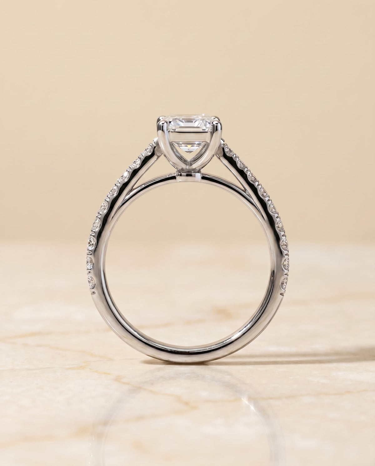 Donna Select Cathedral Emerald Cut Lab Diamond Engagement Ring in 18K White Gold, side view | RockHer