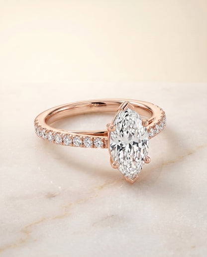 The Donna Cathedral French Pavé Solitaire Marquise Engagement Ring Setting in 14K Rose Gold