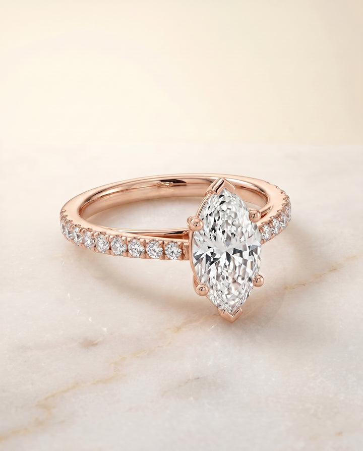 The Donna Cathedral French Pavé Solitaire Marquise Engagement Ring Setting in 14K Rose Gold