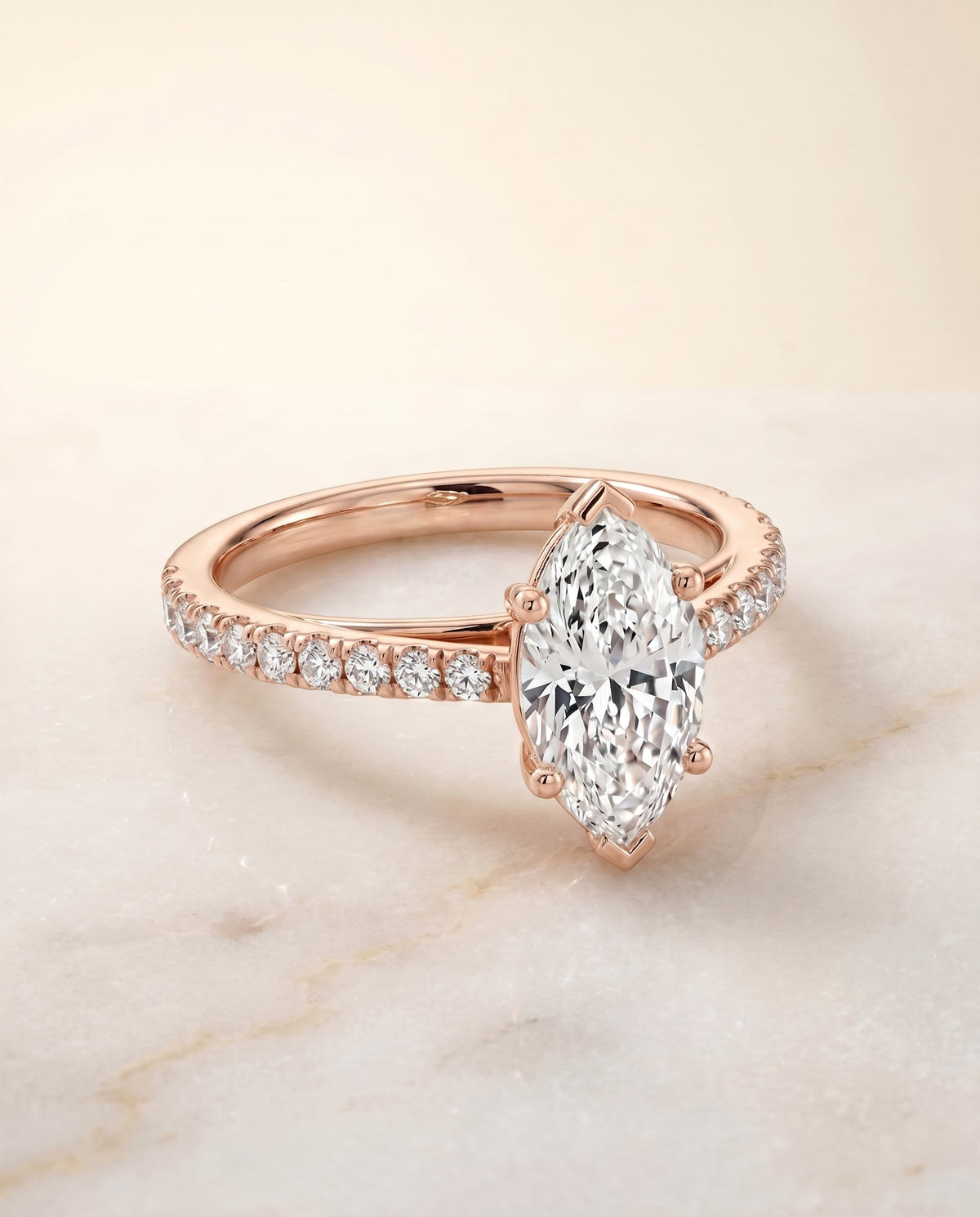 Donna Select Cathedral Marquise Lab Diamond Engagement Ring in 14K Rose Gold, shown on hand, angled | RockHer