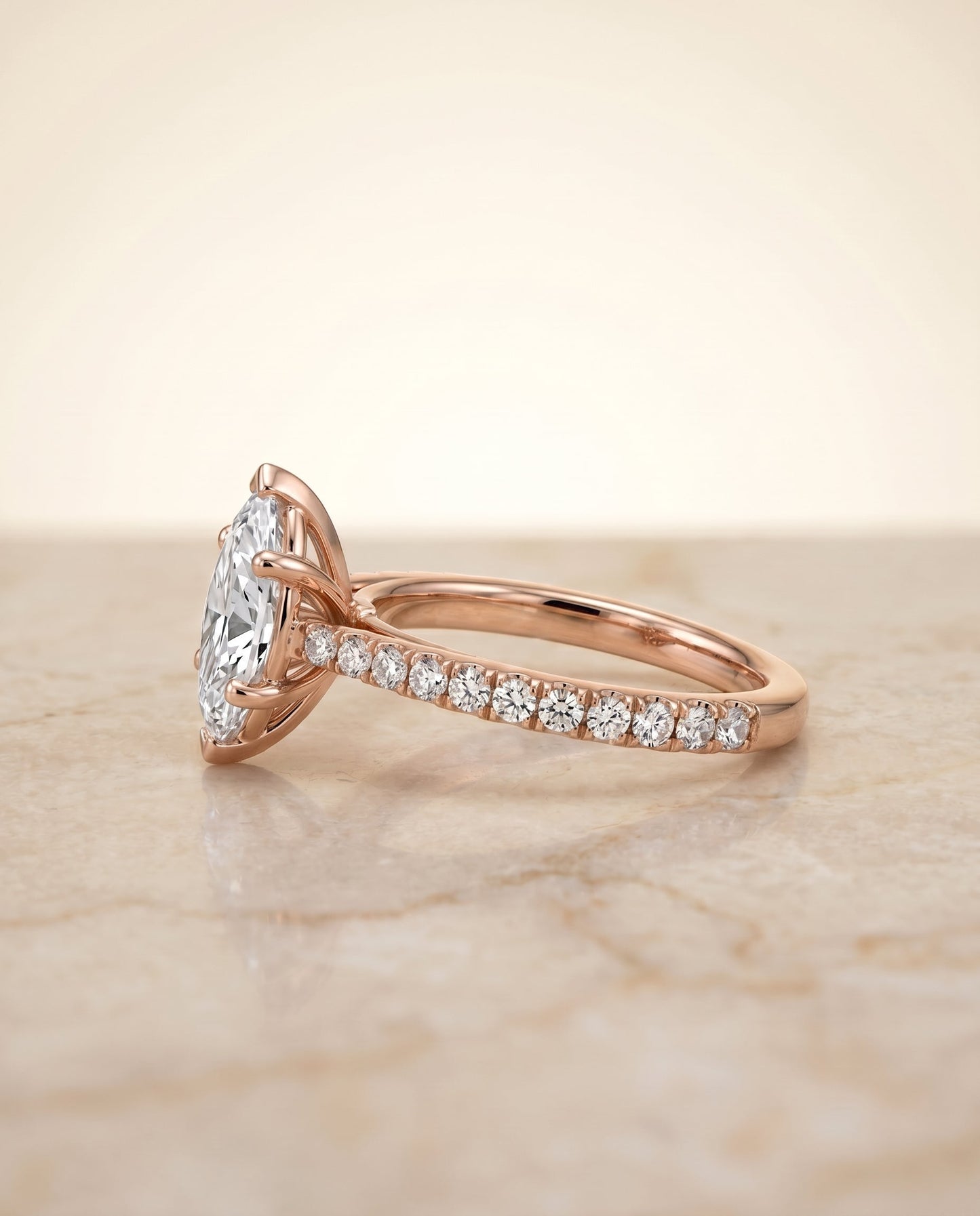 Donna Select Cathedral Marquise Lab Diamond Engagement Ring in 14K Rose Gold, side view | RockHer