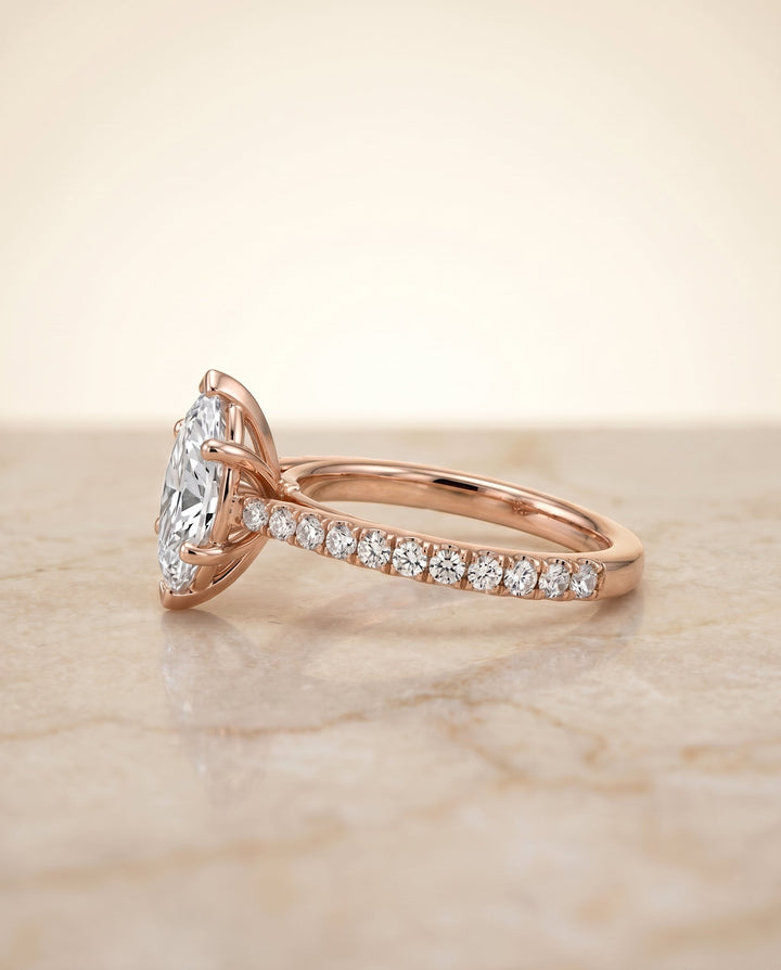Donna Select Cathedral Marquise Lab Diamond Engagement Ring in 14K Rose Gold, side view | RockHer