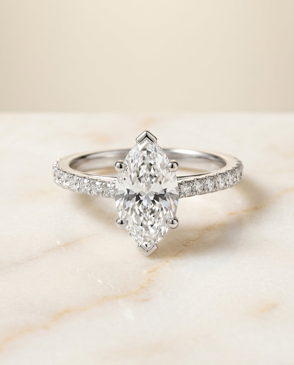 Donna Select Cathedral Marquise Lab Diamond Engagement Ring in Platinum, shown on hand, angled | RockHer