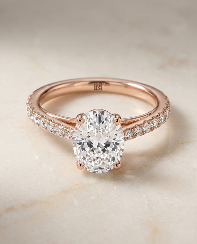 The Donna Cathedral French Pavé Solitaire Oval Engagement Ring Setting in 14K Rose Gold