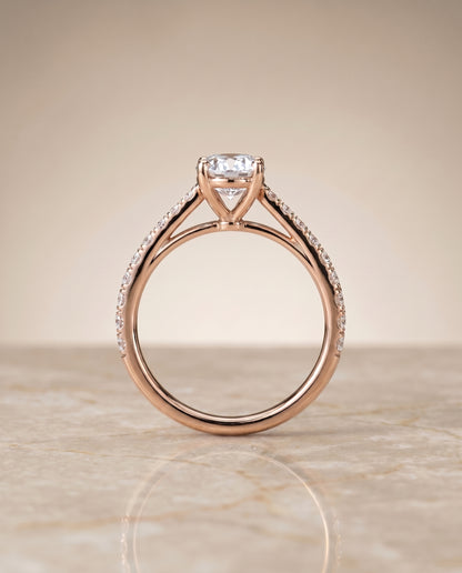 The Donna Cathedral French Pavé Solitaire Oval Engagement Ring Setting in 14K Rose Gold