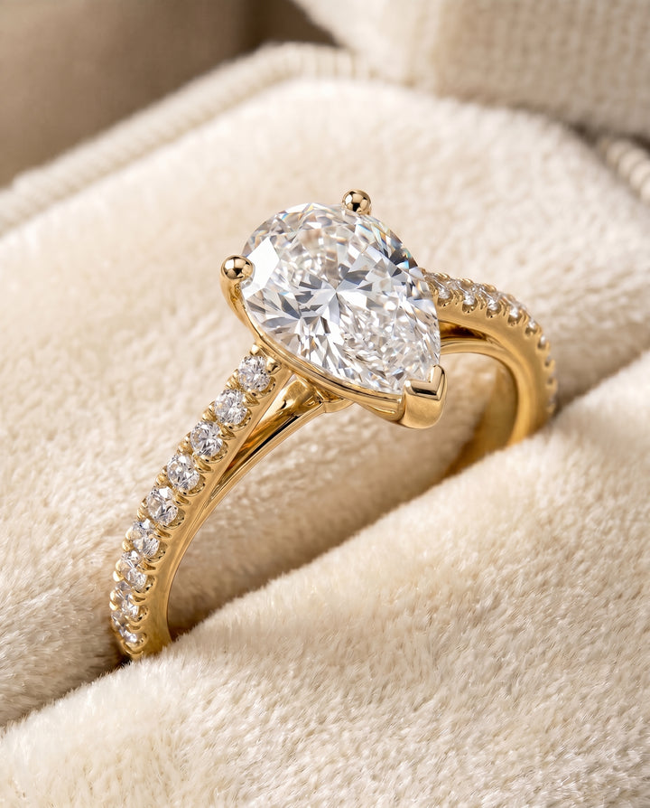 The Donna Cathedral Engagement Ring Setting for Pear Diamonds in 18K Yellow Gold
