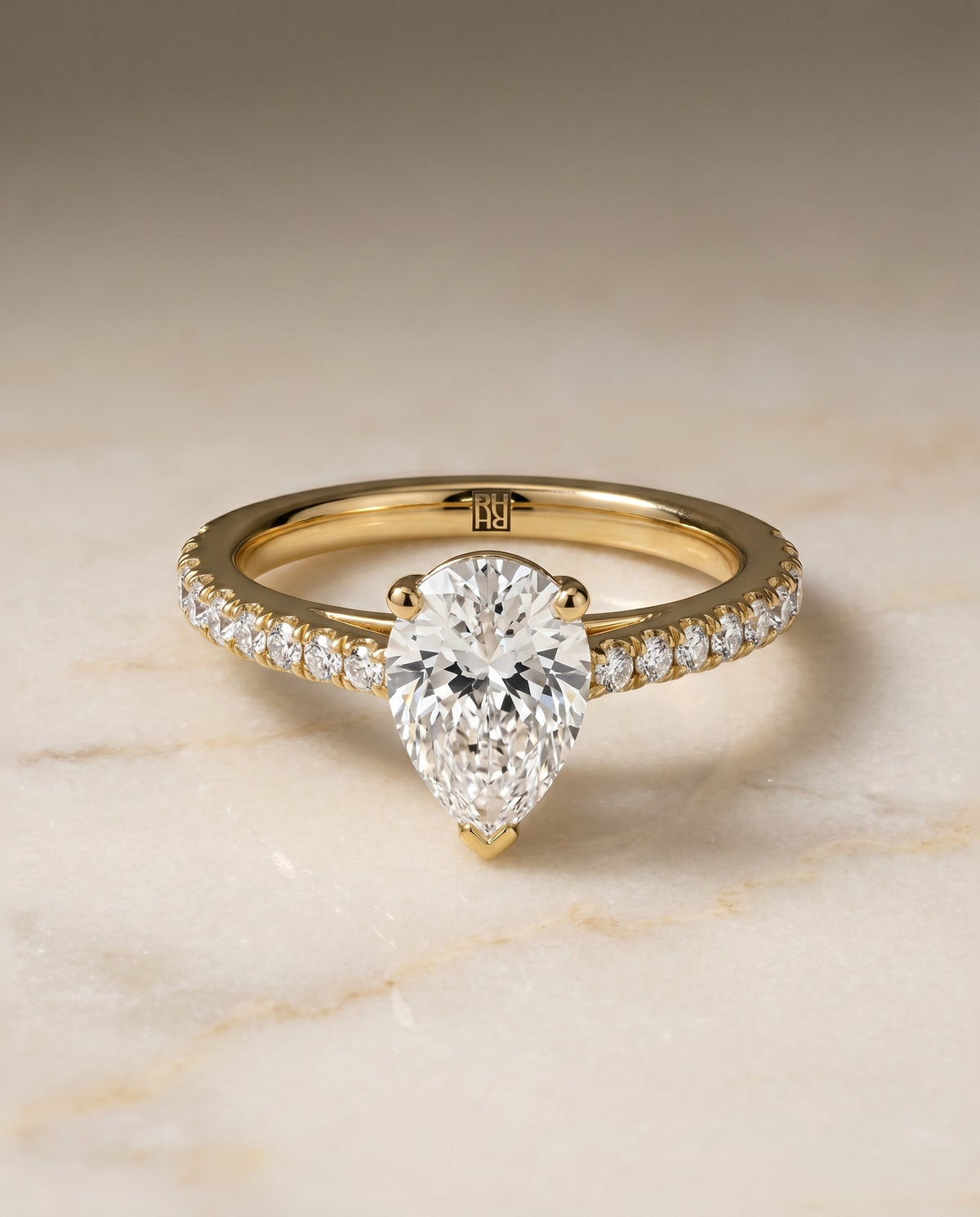 Donna Select Cathedral Pear Lab Diamond Engagement Ring in 18K Yellow Gold, shown on hand, angled | RockHer