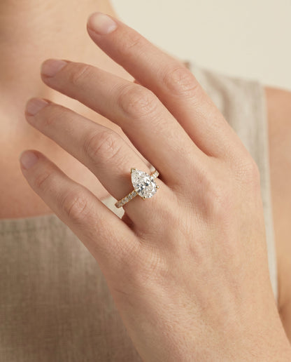 Donna Select Cathedral Pear Lab Diamond Engagement Ring in 18K Yellow Gold, shown on hand | RockHer