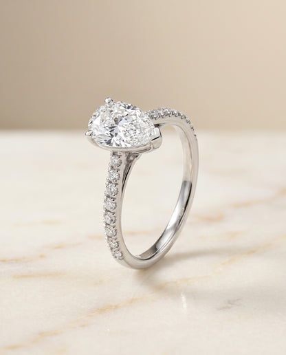 The Donna Cathedral French Pavé Solitaire Pear Engagement Ring Setting in 18K White Gold