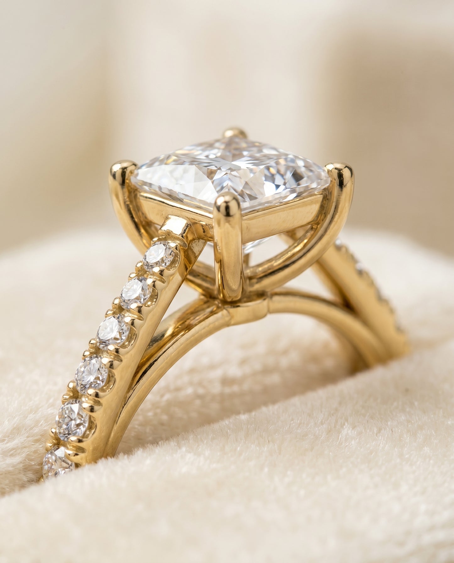 The Donna Cathedral French Pavé Solitaire Princess Cut Engagement Ring Setting in 18K Yellow Gold