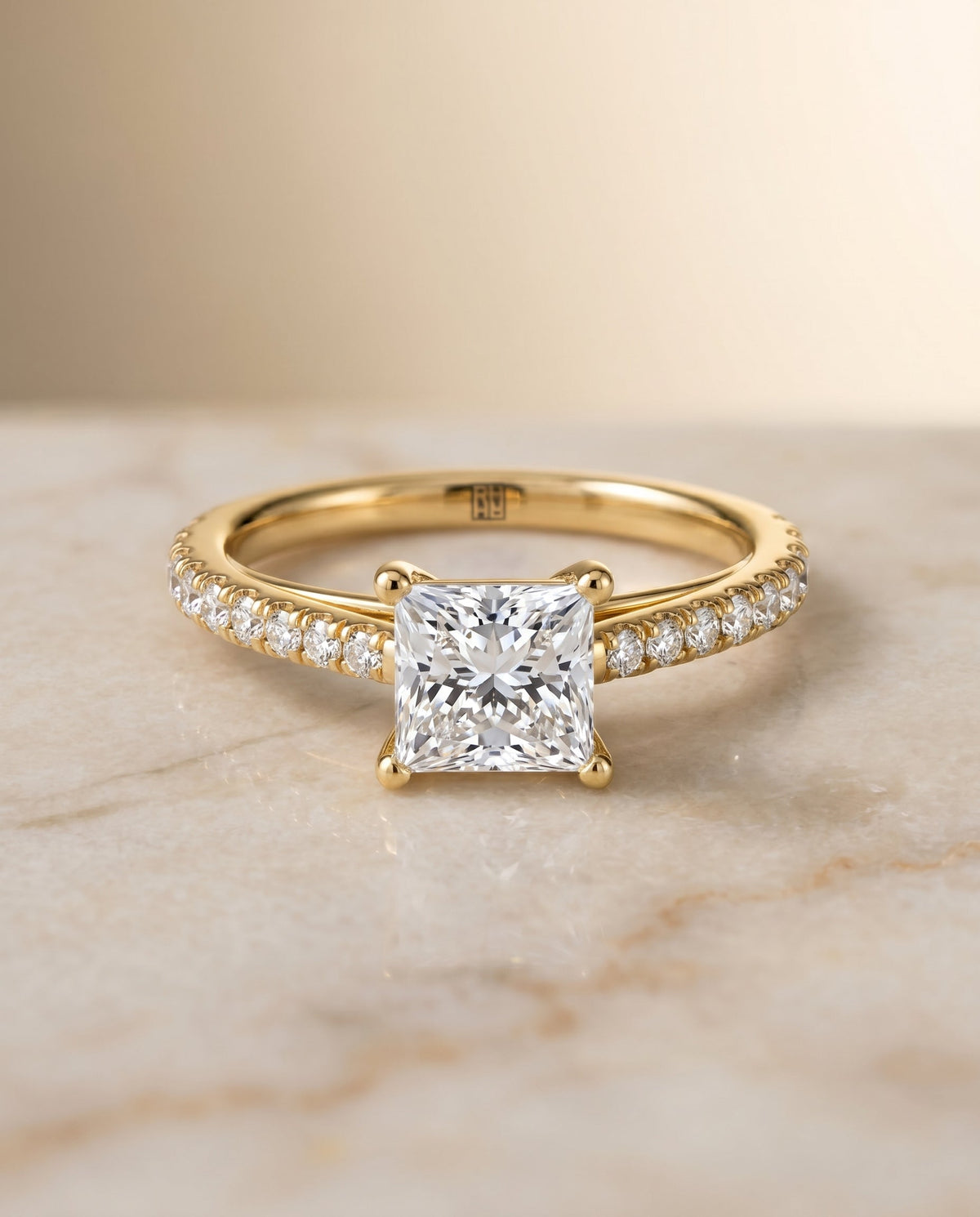 Donna Select Cathedral Princess Cut Lab Diamond Engagement Ring in 18K Yellow Gold, shown on hand, angled | RockHer