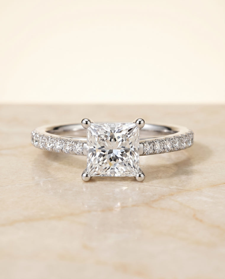 The Donna Cathedral French Pavé Solitaire Princess Cut Engagement Ring Setting in 18K White Gold