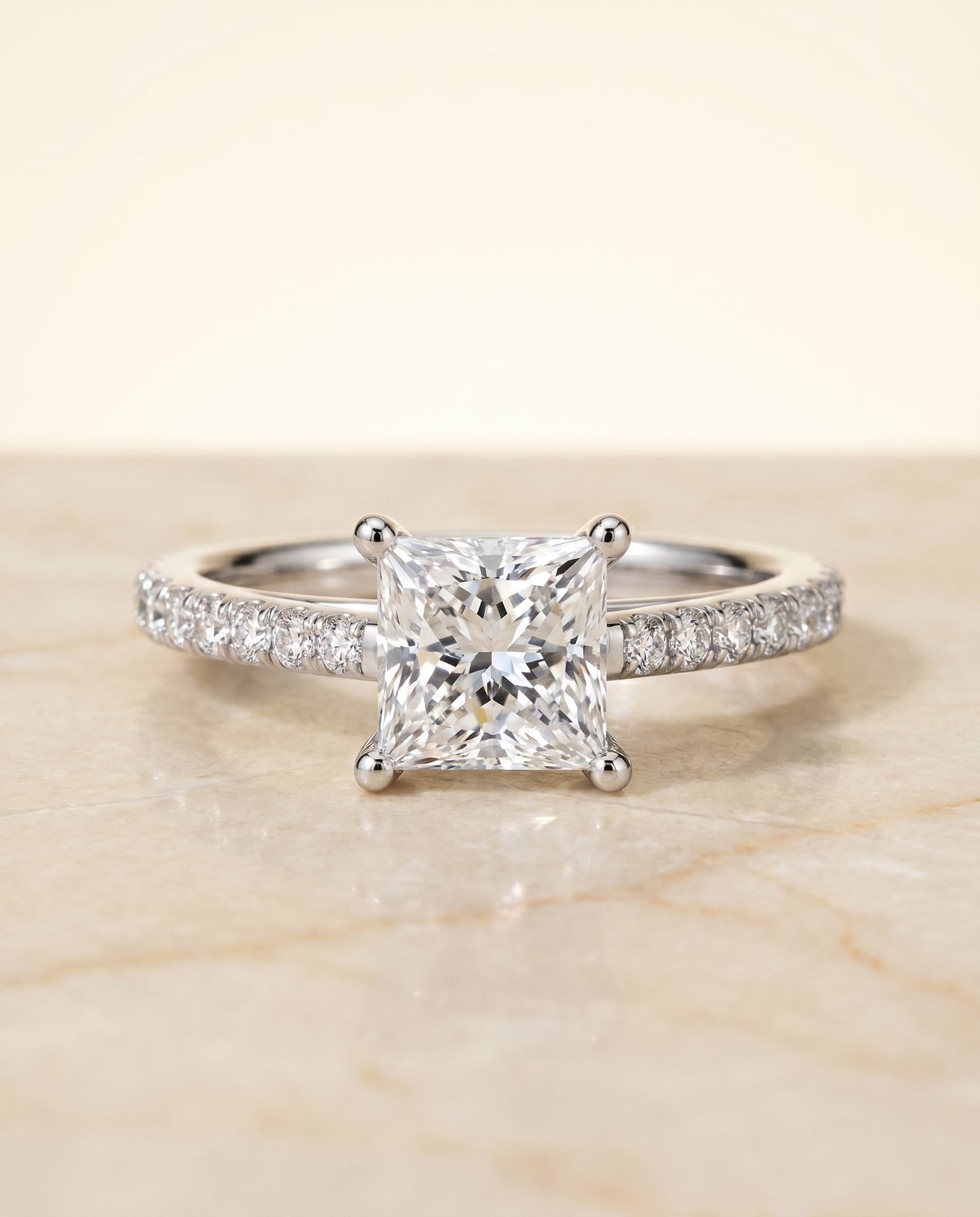 Donna Select Cathedral Princess Cut Lab Diamond Engagement Ring in 18K White Gold, shown on hand, angled | RockHer