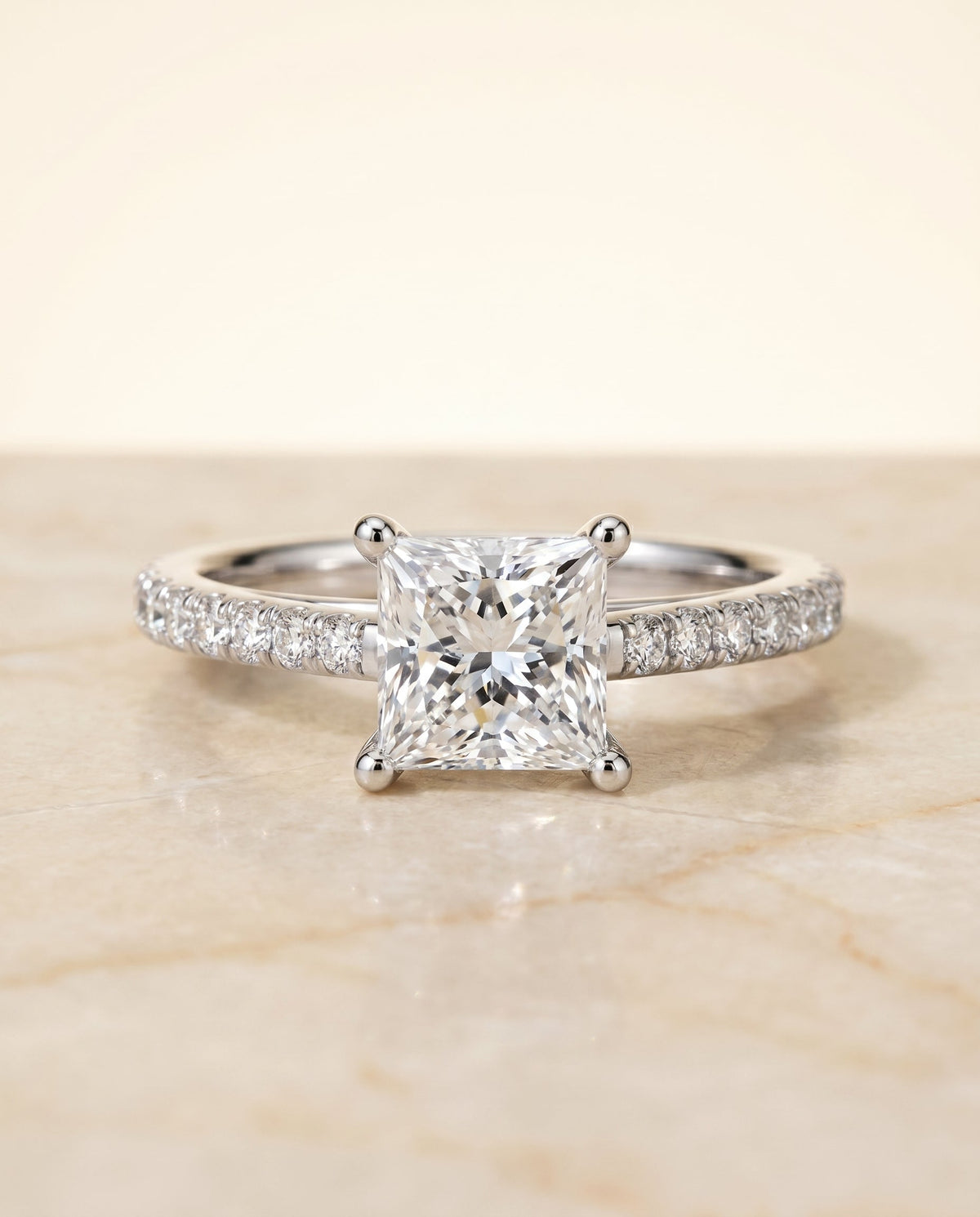 Donna Select Cathedral Princess Cut Lab Diamond Engagement Ring in Platinum, shown on hand, angled | RockHer