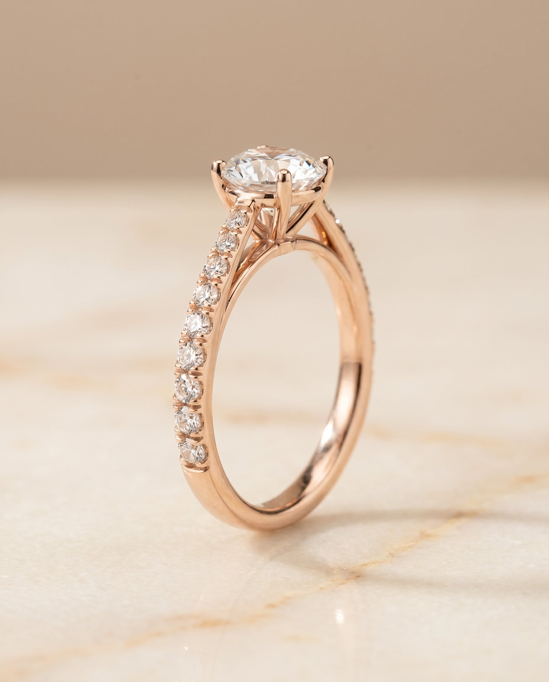 Cathedral French Pavé Solitaire styling on The Donna round engagement ring setting | RockHer
