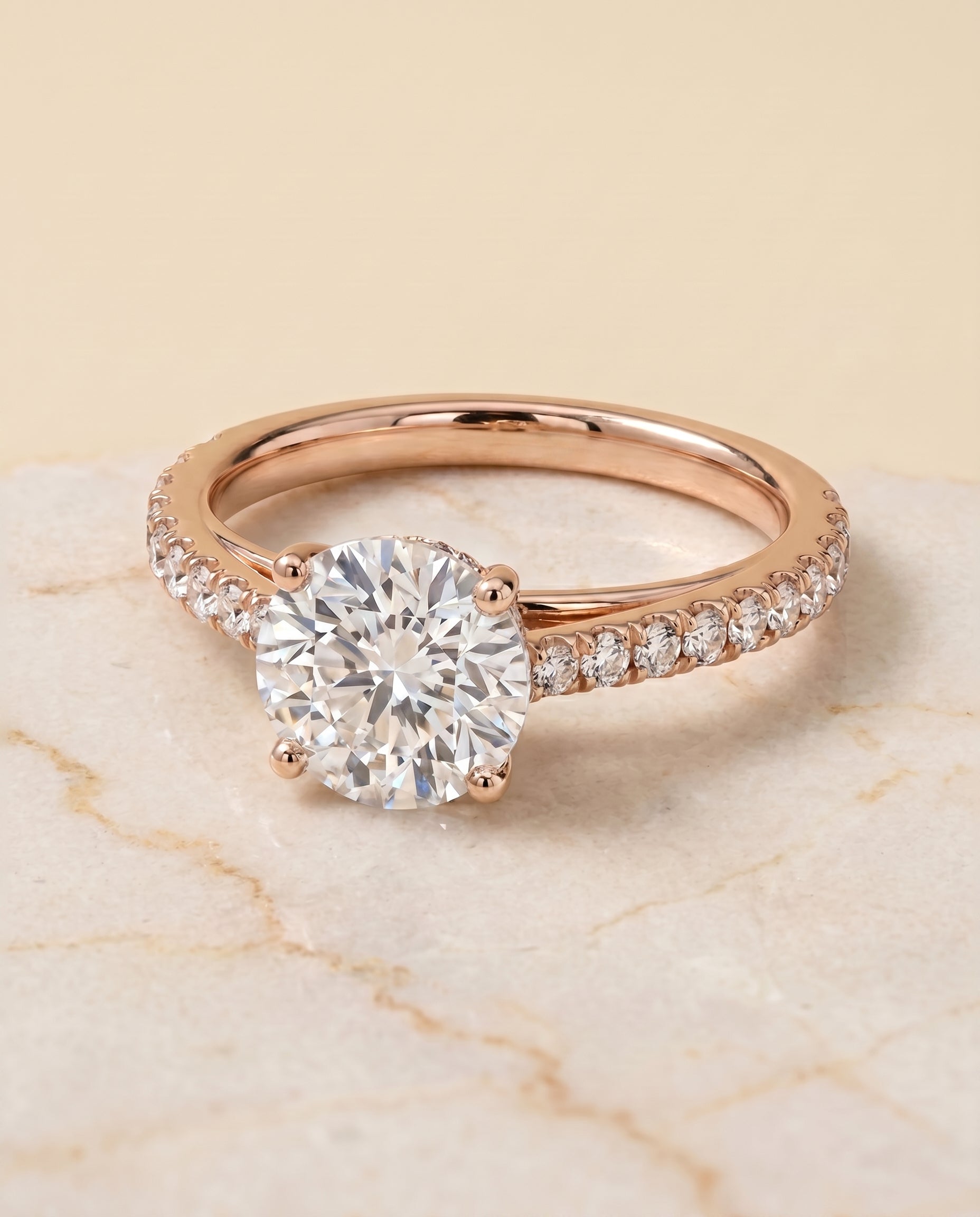 The Donna Cathedral French Pavé Solitaire Round Engagement Ring Setting in 14K Rose Gold