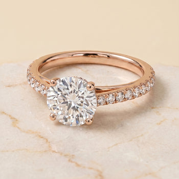 The Donna Cathedral French Pavé Solitaire Round Engagement Ring Setting in 14K Rose Gold