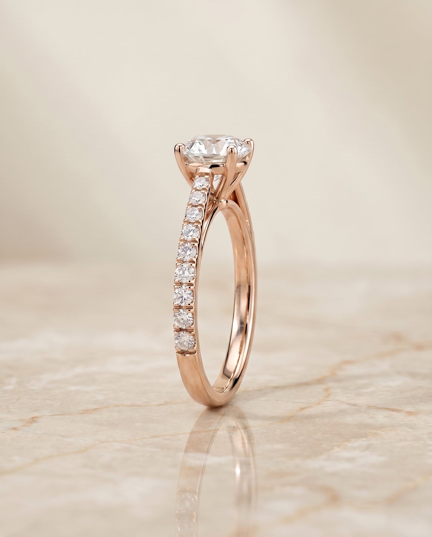 The Donna Cathedral French Pavé Solitaire Round Engagement Ring Setting in 14K Rose Gold