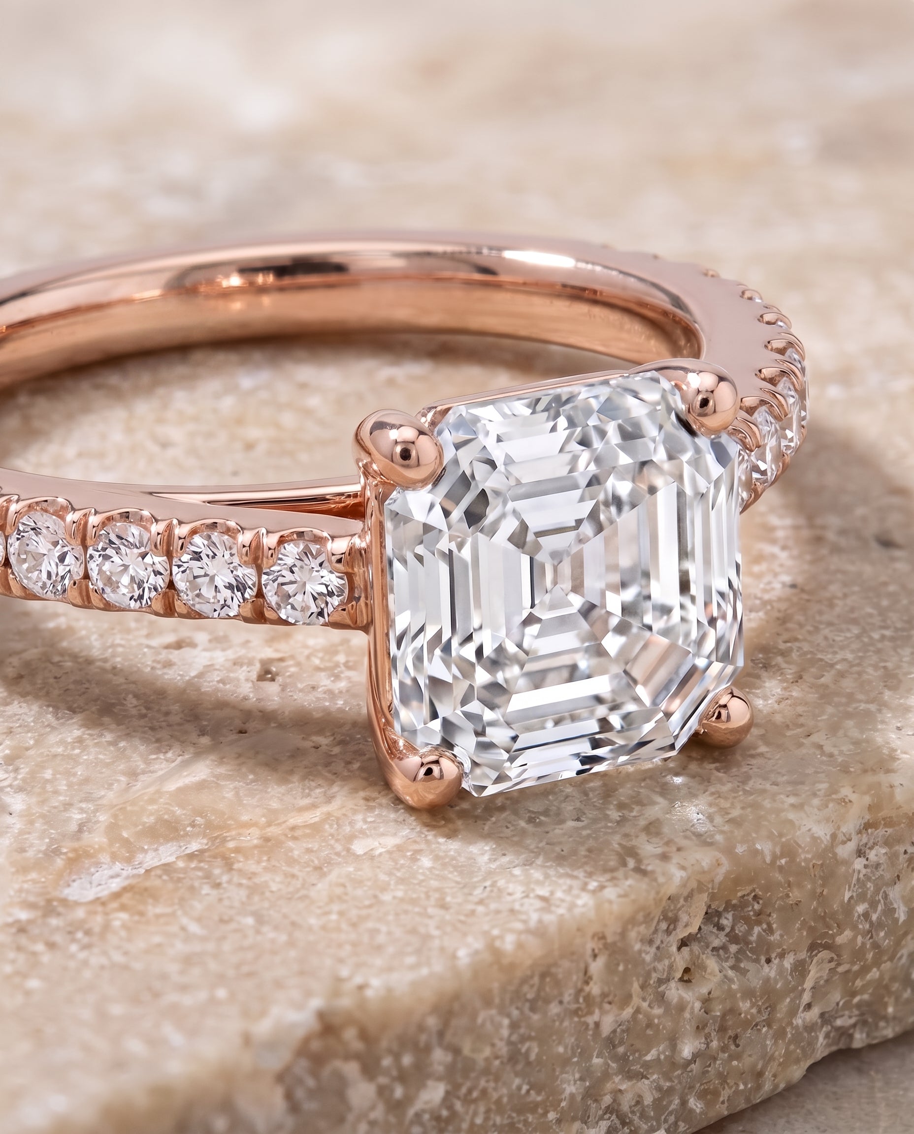 The Donna Cathedral French Pavé Solitaire Asscher Cut Engagement Ring Setting in 14K Rose Gold