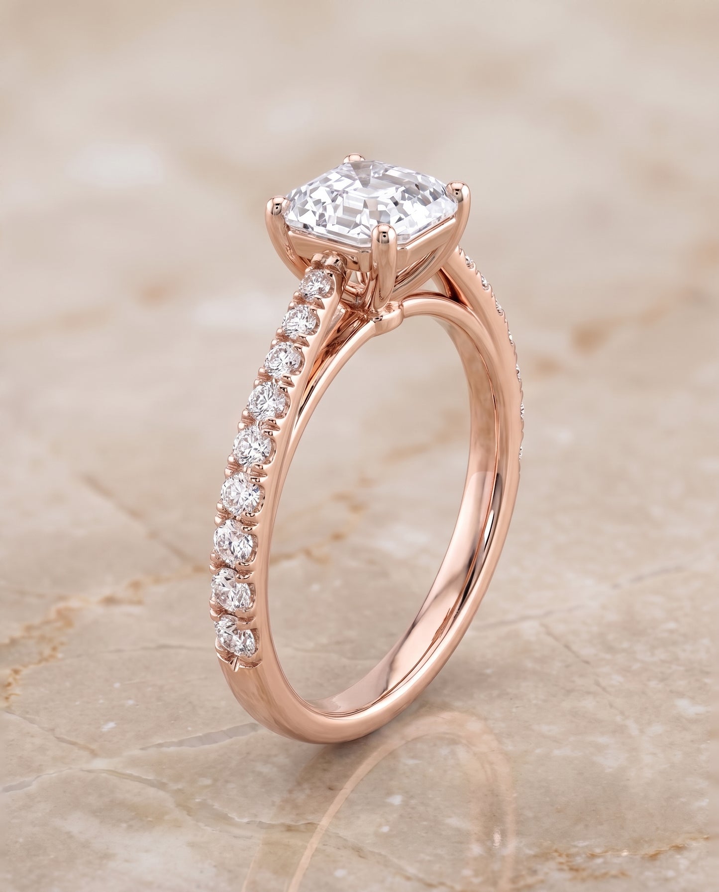 The Donna Cathedral French Pavé Solitaire Asscher Cut Engagement Ring Setting in 14K Rose Gold