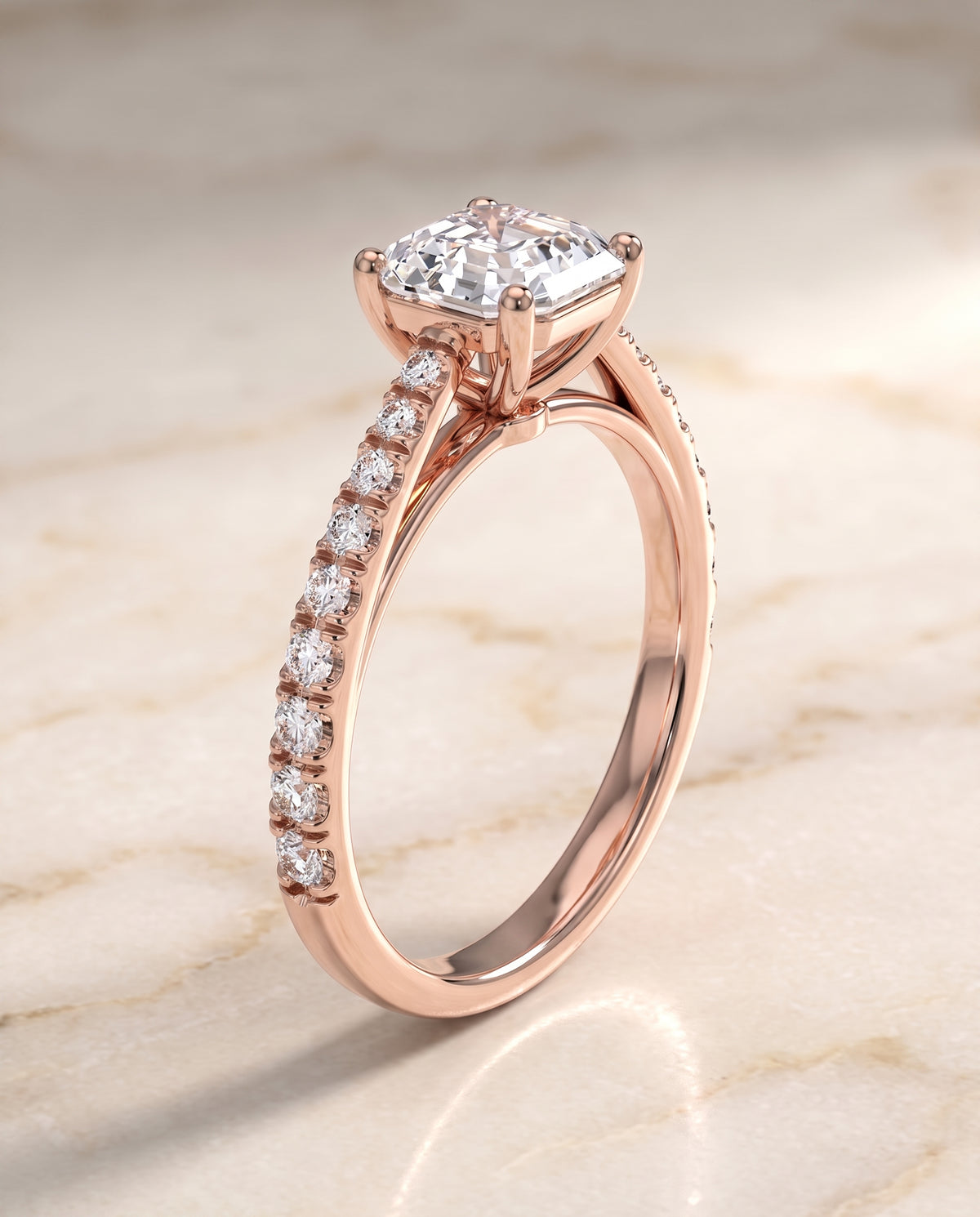 The Donna Cathedral French Pavé Solitaire Asscher Cut Engagement Ring Setting in 14K Rose Gold