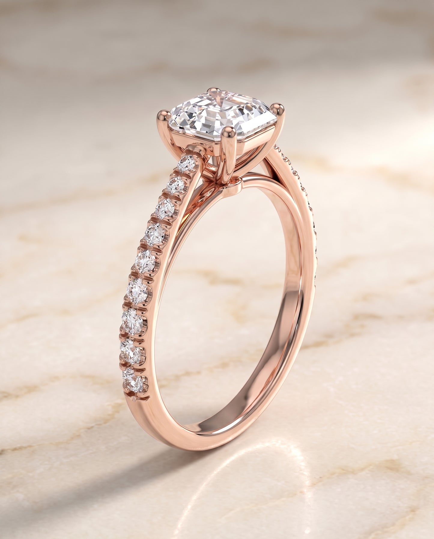 The Donna Cathedral French Pavé Solitaire Asscher Cut Engagement Ring Setting in 14K Rose Gold