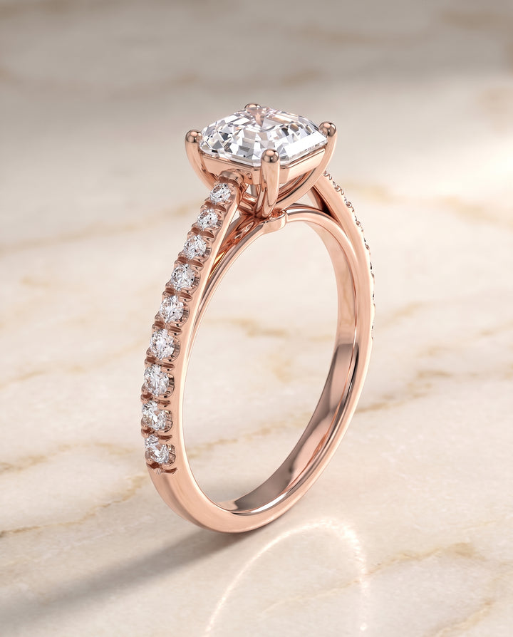 The Donna Cathedral French Pavé Solitaire Asscher Cut Engagement Ring Setting in 14K Rose Gold