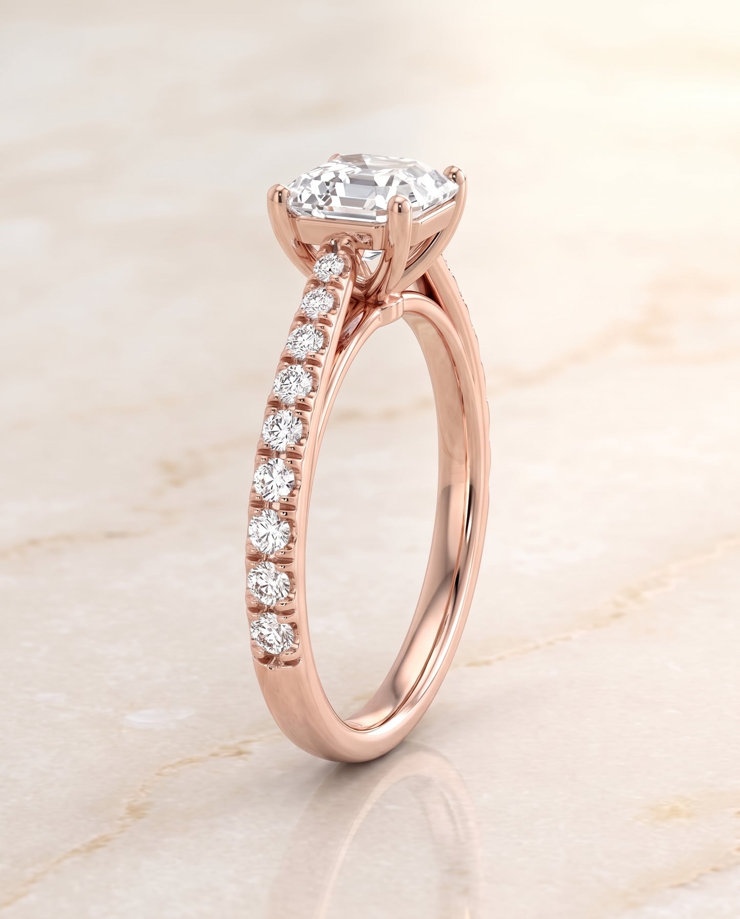 The Donna Cathedral French Pavé Solitaire Asscher Cut Engagement Ring Setting in 14K Rose Gold