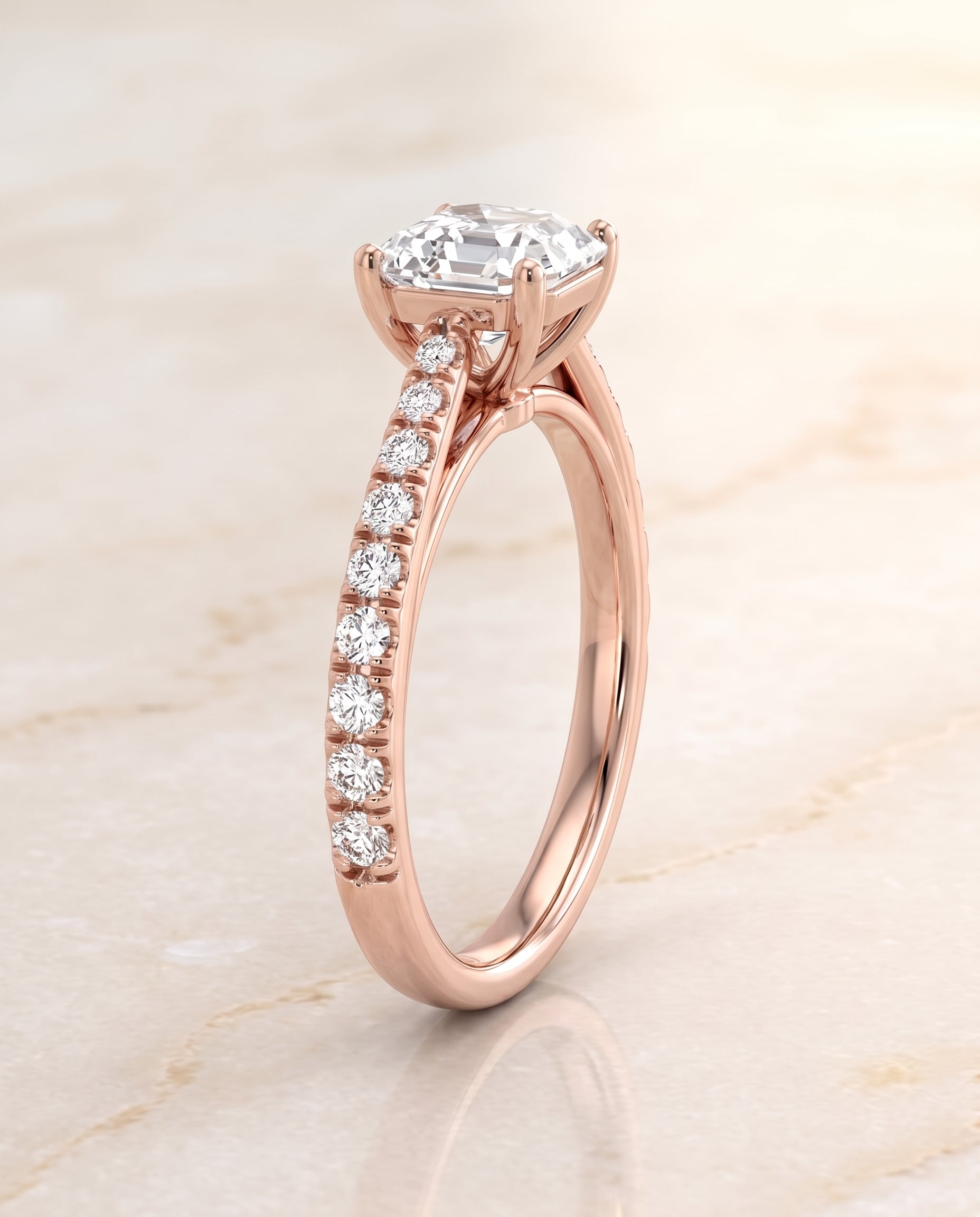 The Donna Cathedral French Pavé Solitaire Asscher Cut Engagement Ring Setting in 14K Rose Gold