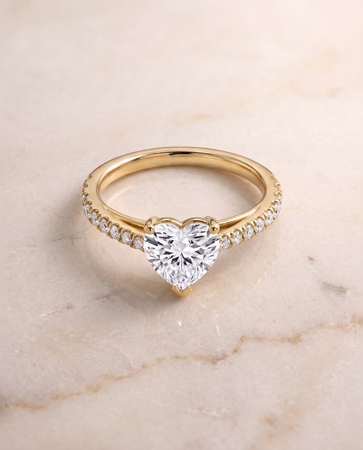 The Donna Cathedral French Pavé Solitaire Heart Engagement Ring Setting in 18K Yellow Gold