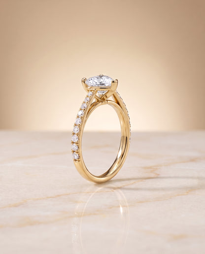 The Donna Cathedral French Pavé Solitaire Heart Engagement Ring Setting in 18K Yellow Gold