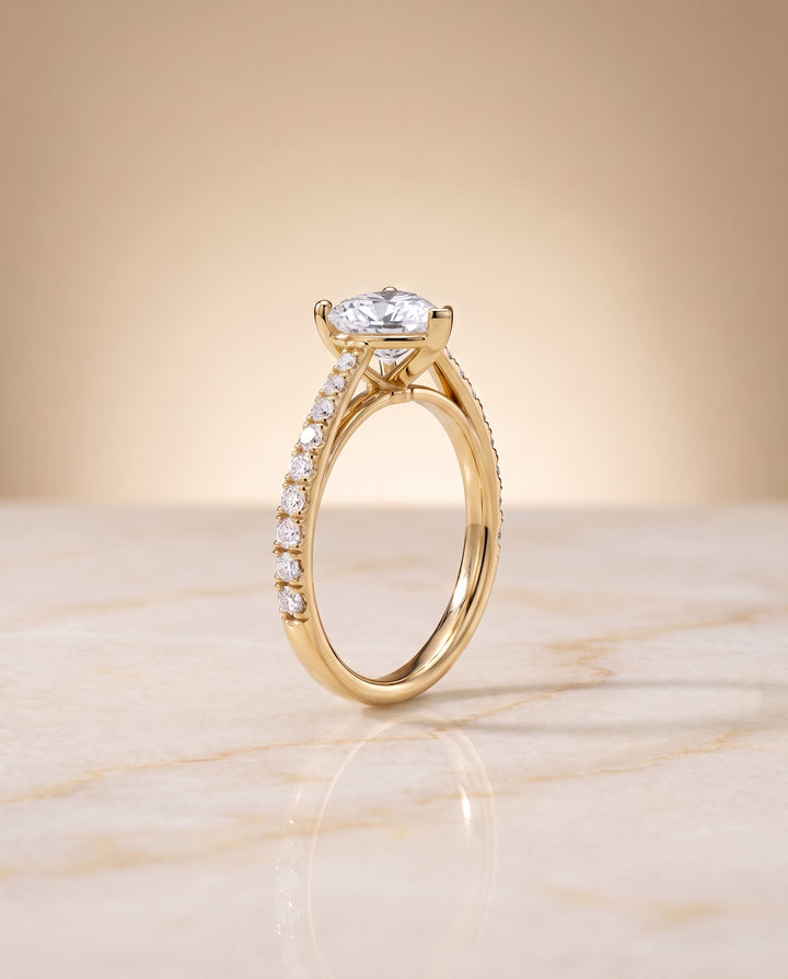 The Donna Cathedral French Pavé Solitaire Heart Engagement Ring Setting in 18K Yellow Gold