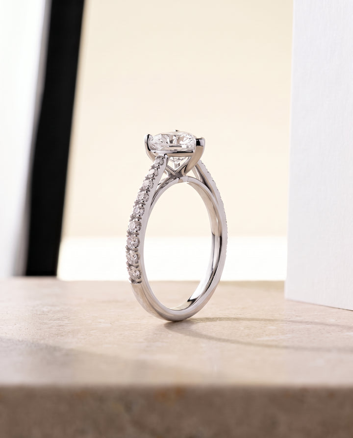 The Donna Cathedral French Pavé Solitaire Heart Engagement Ring Setting in Platinum
