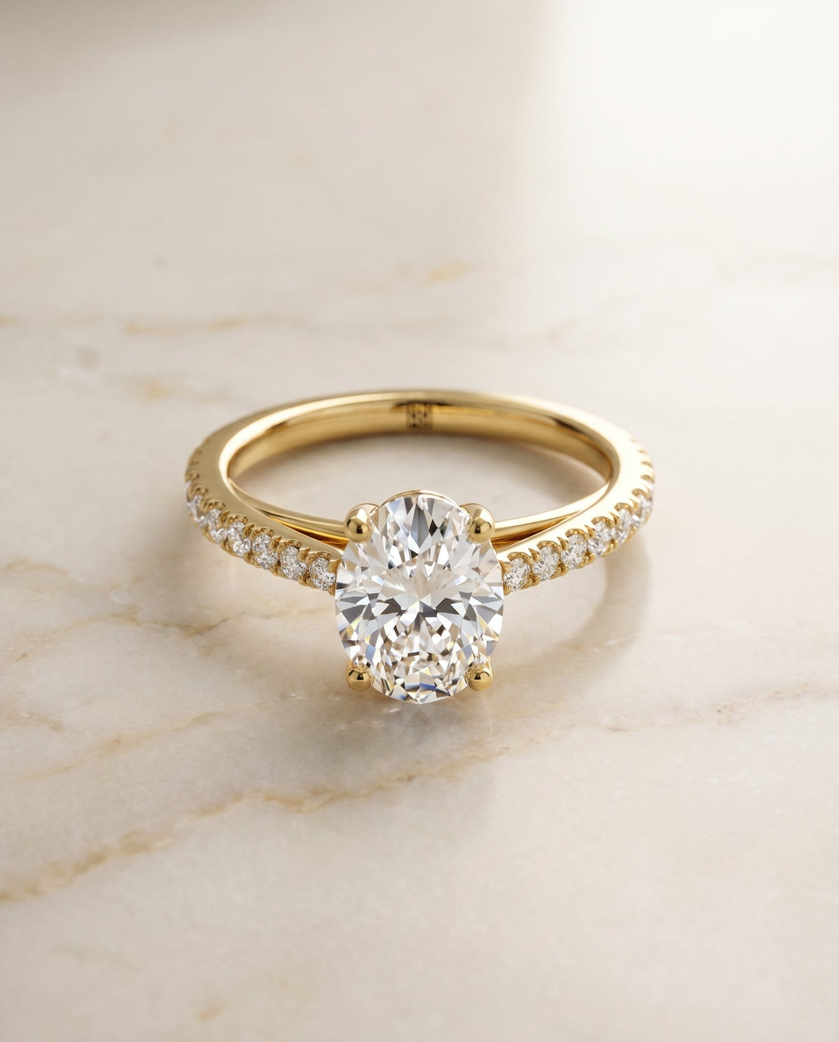 Donna Select Cathedral French Pavé Solitaire Oval Lab Diamond Engagement Ring in 18K Yellow Gold, alternate angle | RockHer