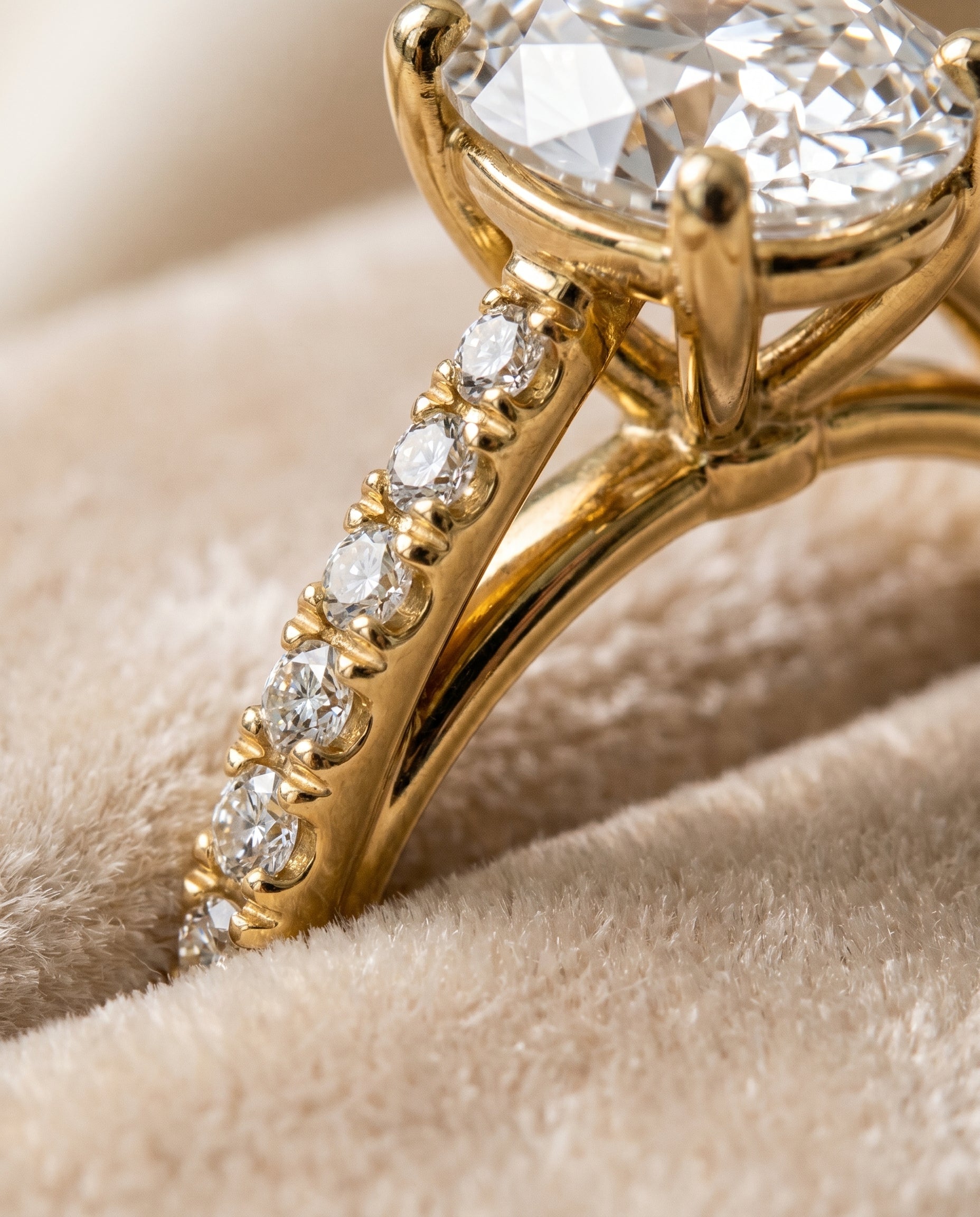 Donna Select Cathedral French Pavé Solitaire Oval Lab Diamond Engagement Ring in 18K Yellow Gold, detail view | RockHer