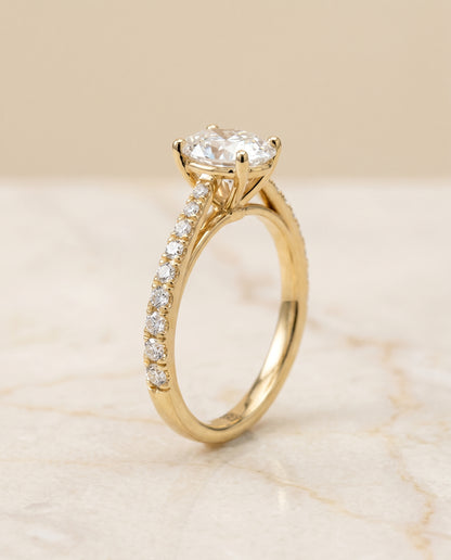 The Donna Cathedral French Pavé Solitaire Oval Engagement Ring Setting in 18K Yellow Gold