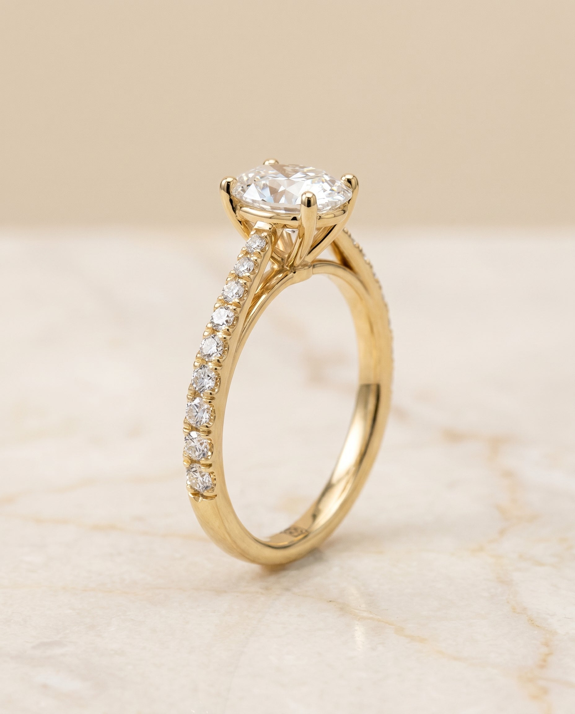 Donna Select Cathedral French Pavé Solitaire Oval Lab Diamond Engagement Ring in 18K Yellow Gold, front view | RockHer
