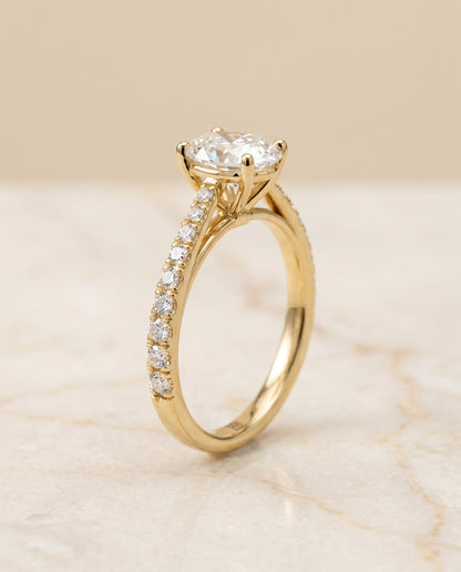 Donna Select Cathedral French Pavé Solitaire Oval Lab Diamond Engagement Ring in 18K Yellow Gold, front view | RockHer