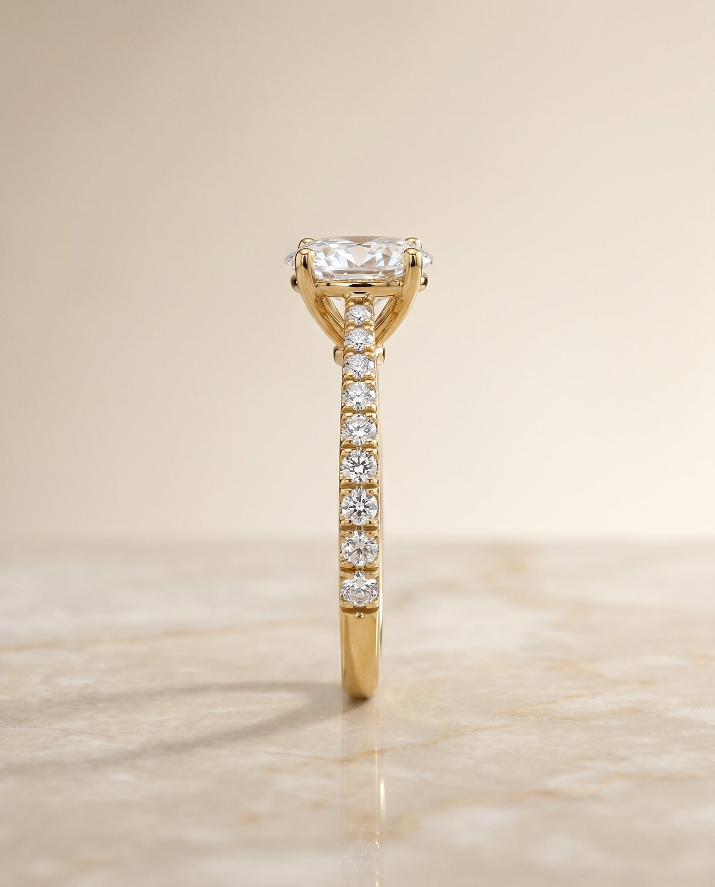 Donna Select Cathedral French Pavé Solitaire Oval Lab Diamond Engagement Ring in 14K Yellow Gold, side view | RockHer