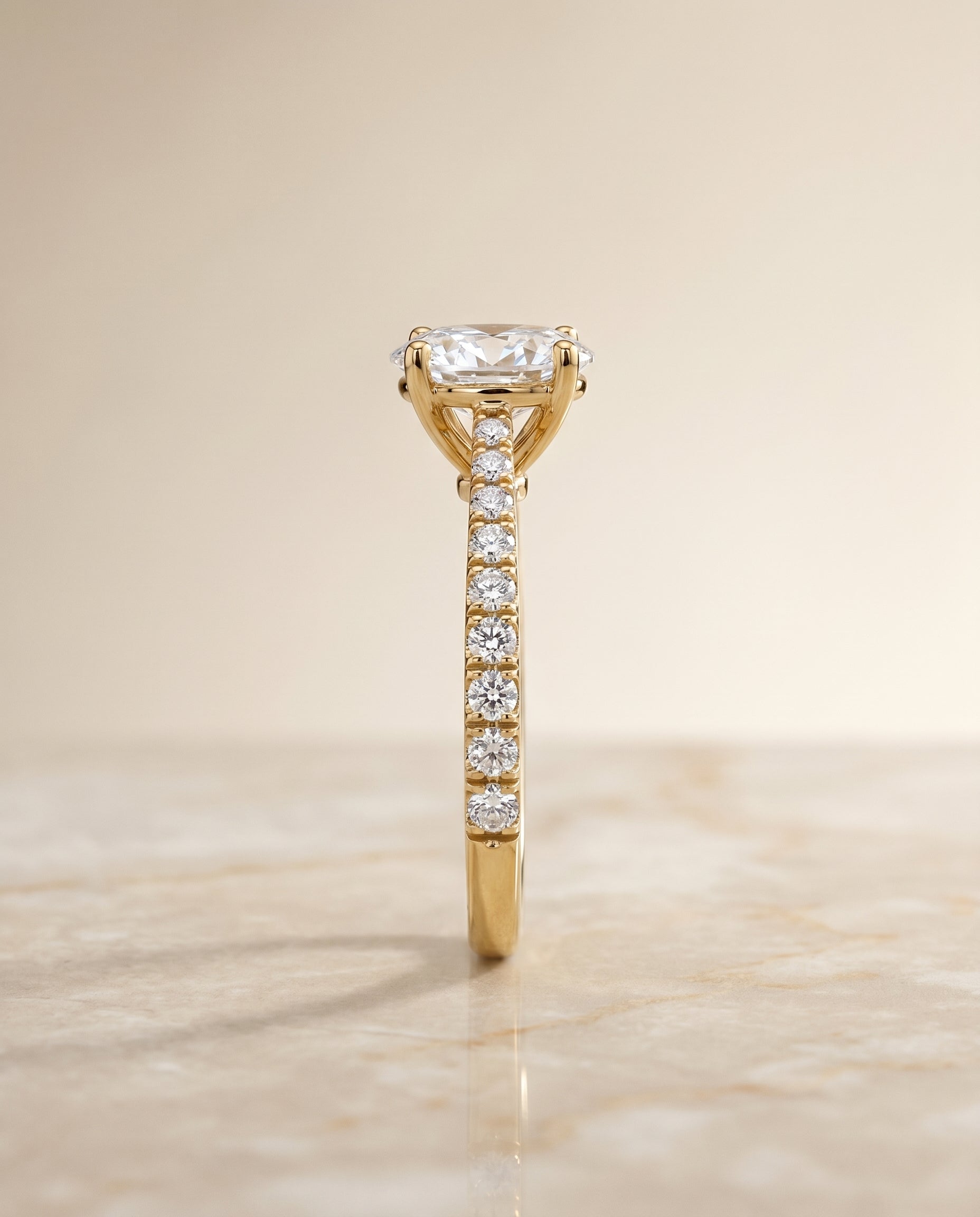 Donna Select Cathedral French Pavé Solitaire Oval Lab Diamond Engagement Ring in 18K Yellow Gold, side view | RockHer