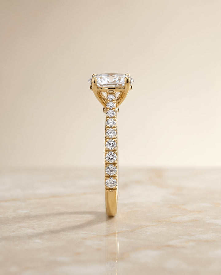 Donna Select Cathedral French Pavé Solitaire Oval Lab Diamond Engagement Ring in 18K Yellow Gold, side view | RockHer