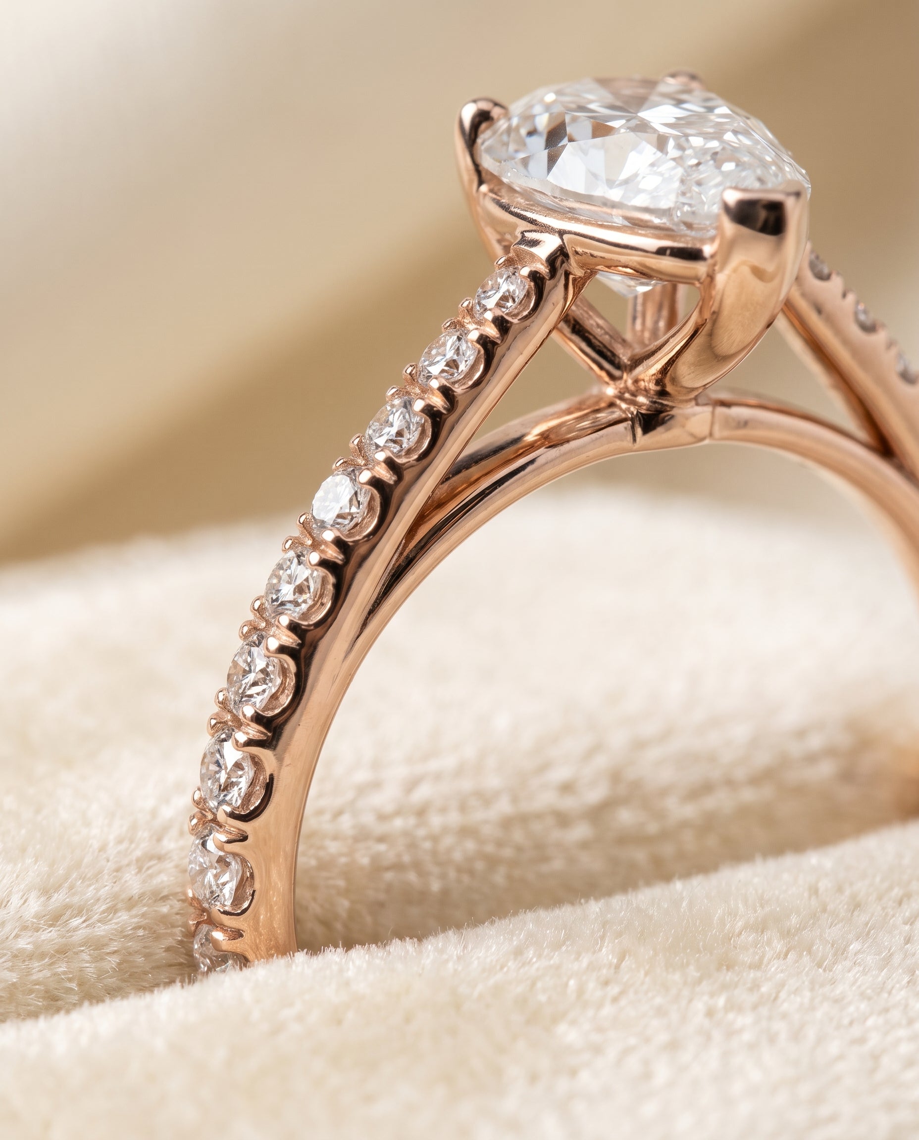 14K Rose Gold band of The Donna pear engagement ring setting | RockHer